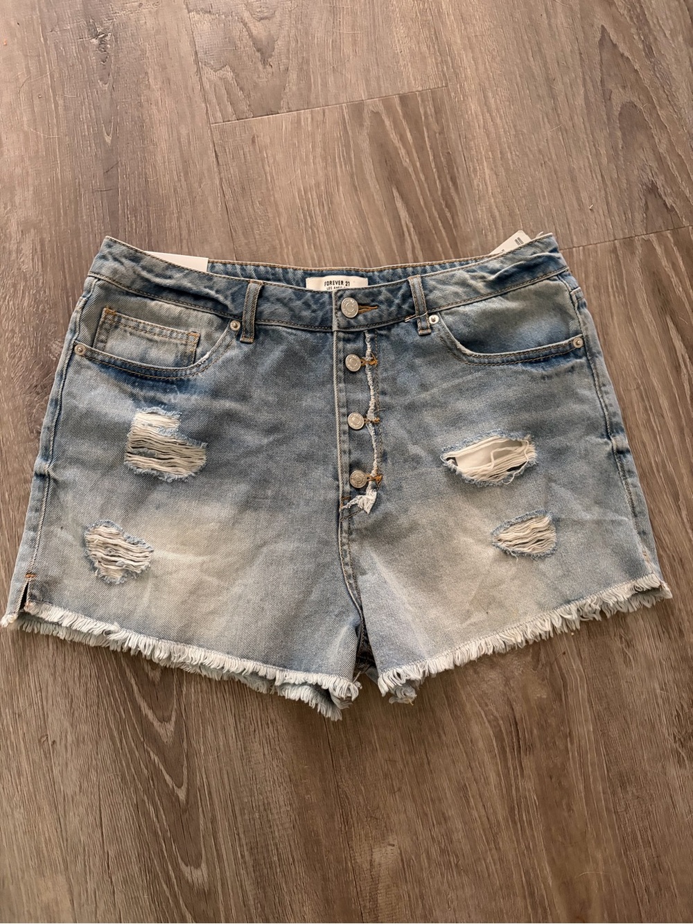 Forever 21 Light Blue Distressed Denim Button-Front Shorts